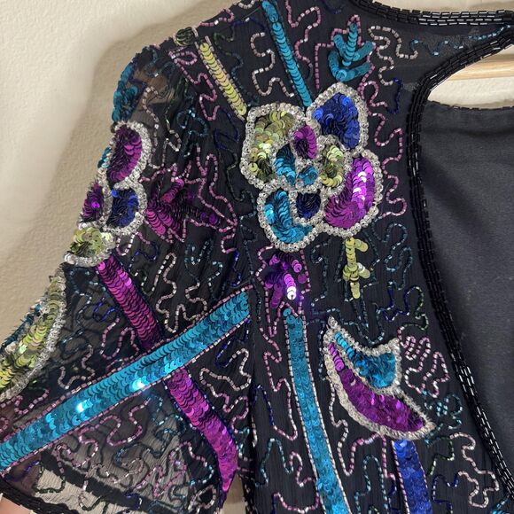 Vintage Swee Lo Dress Womens Small Black Sequin Beaded Cocktail Short Sleeve 90s - Picture 11 of 13